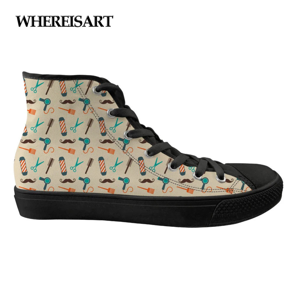 

WHEREISART Sneakers High Top Flats Canvas Shoes Woman Comfortable Women High-top 3D Cartoon Barber Pattern Ladies Spring Shoes