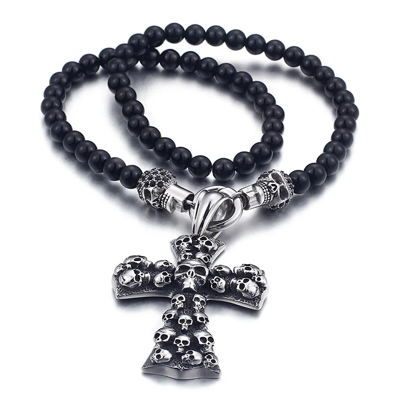 

Fashion Punk Natural Stone Beads Cross Necklace for Men Skull Stainless Steel Pendant Necklace Male Jewelry Gift