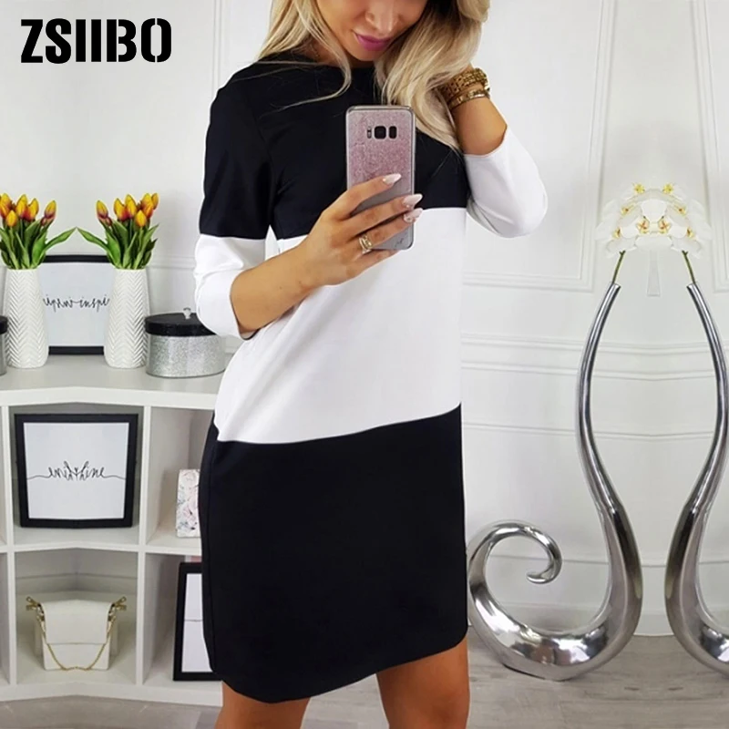 

Women's Autumn Loose Mini Dresses Women's Stitching Casual Dress Sexy O-Neck Long Sleeve Color Matching Slim Dress ZSIIBO