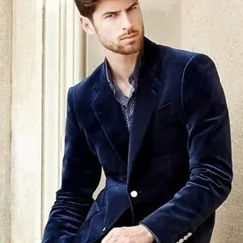 

Notch Lapel Navy Blue Velvet Men Suit Slim Fit Tuxedos 2017 new Fashion Blazer With Pants Dinner Prom men Suits (Jacket+Pants)