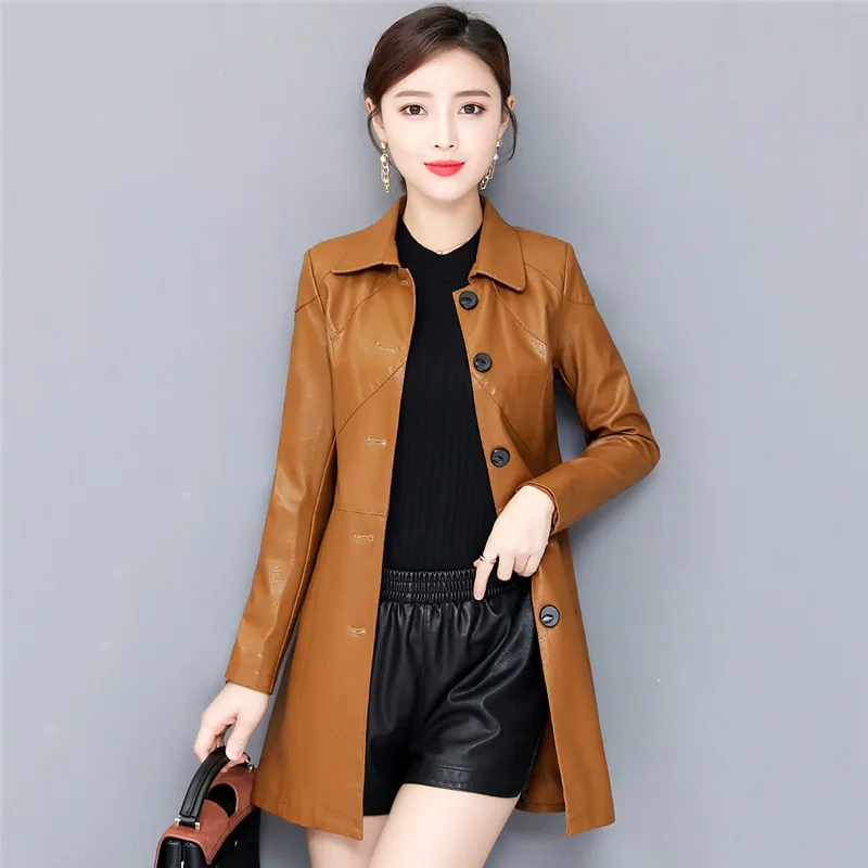 Пальто из натуральной кожи большого размера, Женская куртка средней длины, весна, приталенная куртка с квадратным воротником для похудения, женская верхняя одежда TTT150