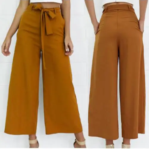 HIRIGIN женские оранжевые широкие шифоновые брюки с высокой талией, брюки с завязками на талии, брюки Palazzo OL, длинные брюки-кюлоты, длинные брюки