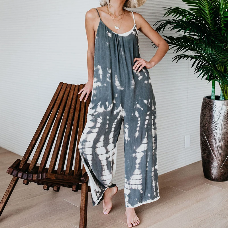 

Women jumpsuit ladies Summer Casual Loose Wide Leg Romper Noodle Strap Backless Jumpsuit boho print beach sea holiday overalls