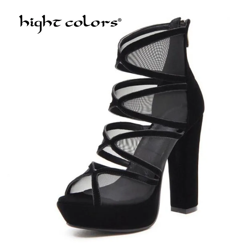 

33~43 Big+Small Size 2019 summer new 12CM women's shoes sexy mesh hollow fish mouth high-heeled sandals Black female Shoe Dx-529
