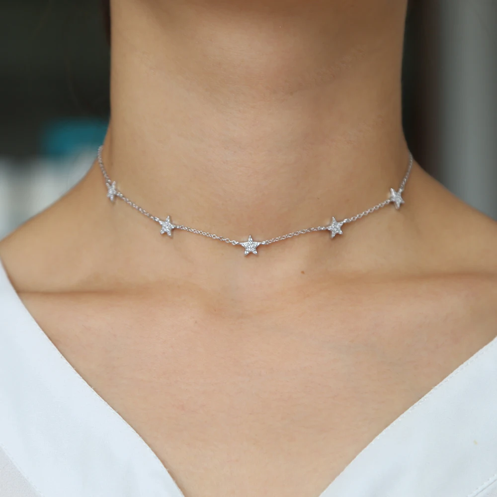 Мода сладкий звезды chocker ожерелья Тонкий звено цепи лакомство звезды boho Женщины воротник украшения Серебро 925 Леди collier femme bijoux