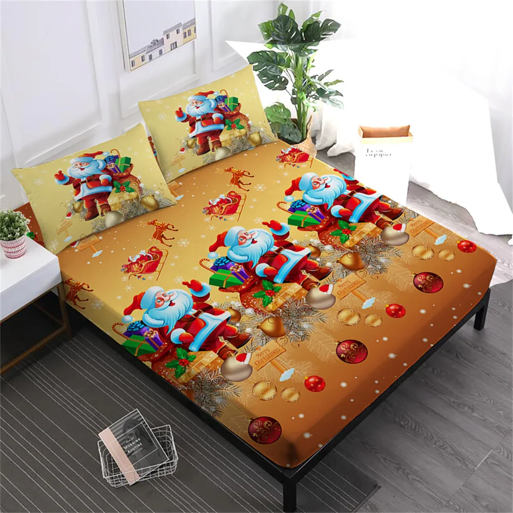 

Golden Christmas Bed Sheet Set Cartoon Santa Claus Print Fitted Sheet Christmas Bed Linens Pillowcase 4pcs Bedding Set D25