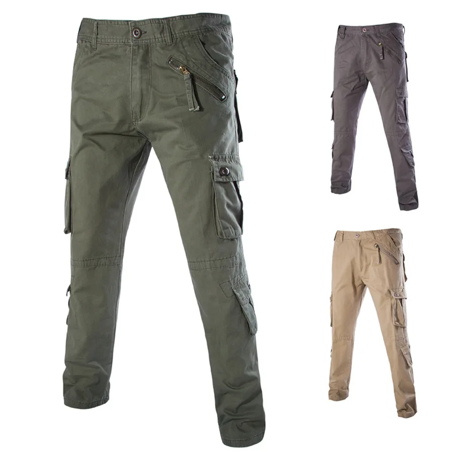 Big Military Mens Cargo Pants Multi Zipper Pockets Cotton Khaki Men ...