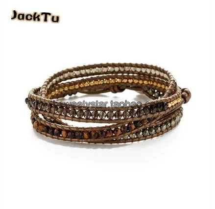 

new style smoky pyrite tiger eyes beads wrap leather bracelet