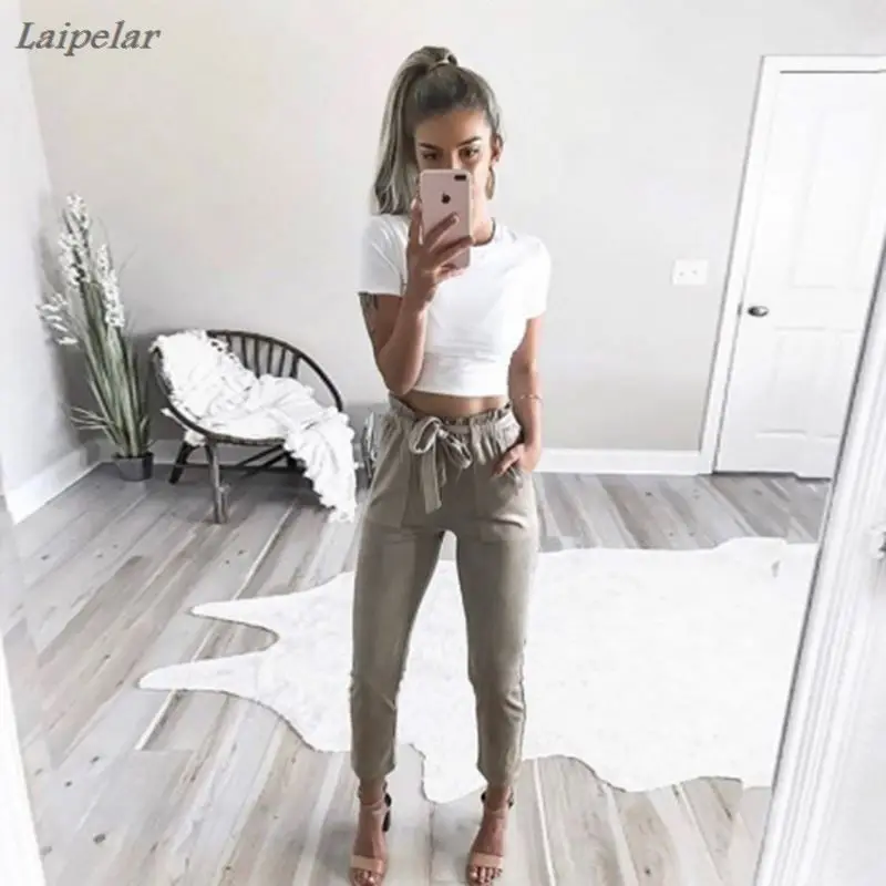

2018 fashion women mid waist shirley pants suede taupe Casual female trousers autumn winter Leather bottoms female trouser