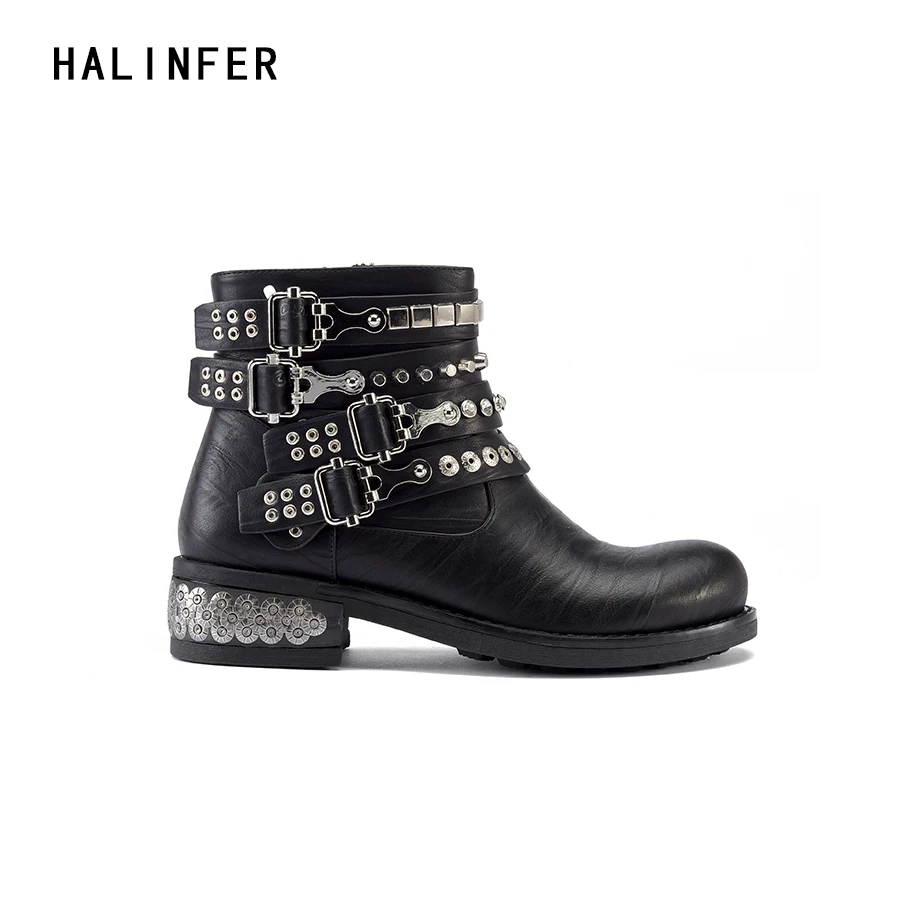 biker boots with buckles and straps