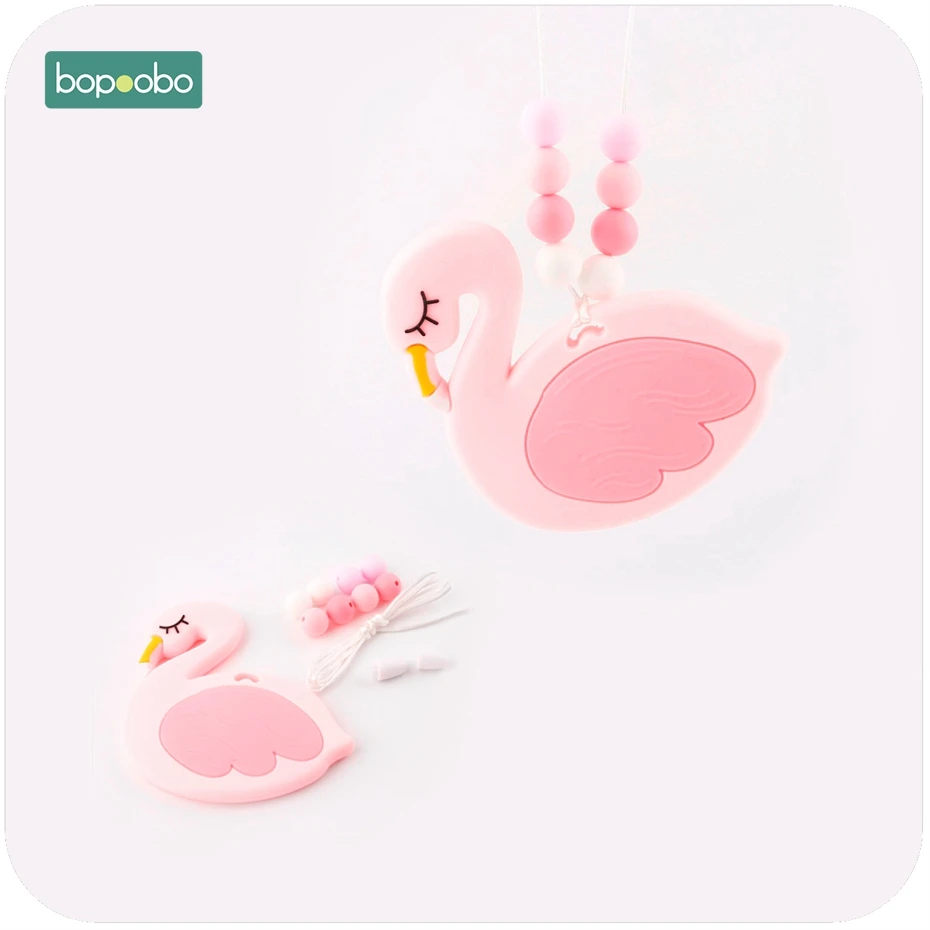 

Bopoobo 1set Silicone Flamingo Teether DIY Set Silicon Bead Mommy Hands-on Baby Birthday Gift BPA Free DIY Bracelet Baby Teether