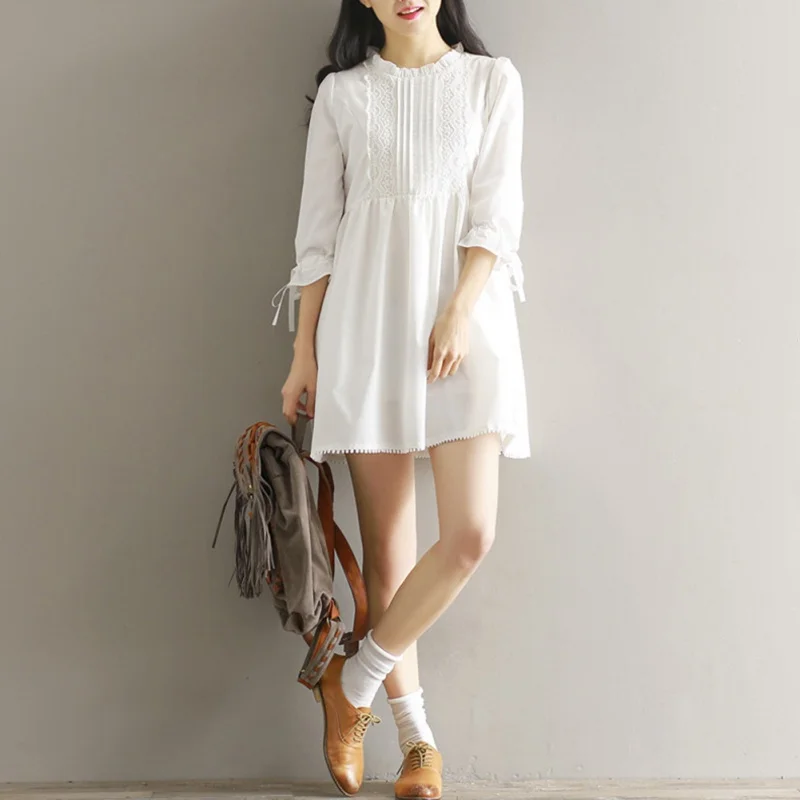 

Women White Lace Summer Dress Fashion Strap Long Sleeve Tie Straps Loose Dress Clothing