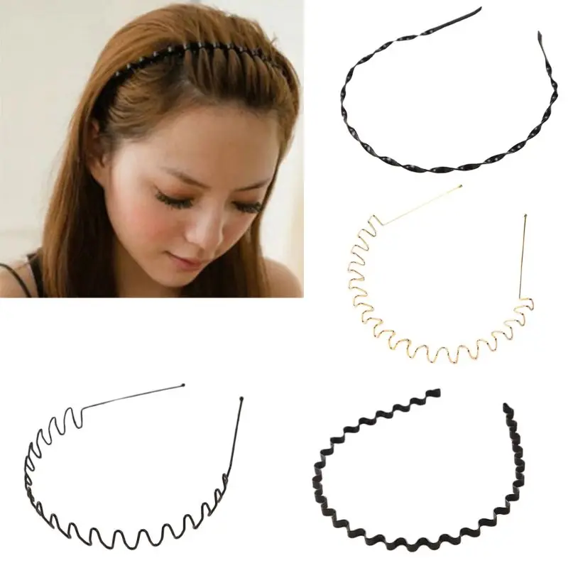 korean hair clips Unisex Metal Alloy Hairband Spring Wave Metallic Color Elastic Hair Hoop Iron Craft Twist Braided Wash Face Geometric Headband black hair clips