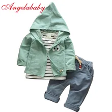 Осенний комплект модной одежды для детей, детская футболка в полоску+ пальто с капюшоном с героями мультфильмов+ штаны, комплект из 3 предметов, одежда для мальчиков и девочек
