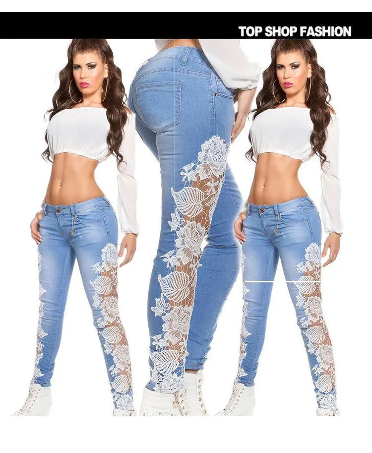 

Flank lace Jeans women light Blue high waist jeans women skinny pencil Jeans black white lace side denim sexy women hot Pants
