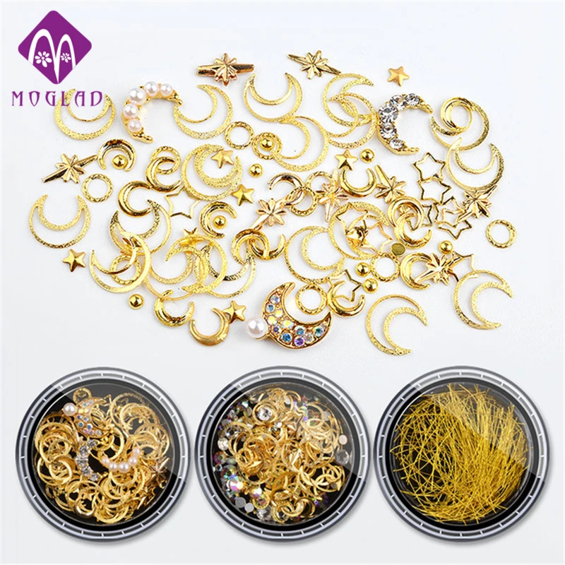 

1Box Mixed AB Crystal Rhinestones Hollow Metal Studs 3d Gold Silver Moon Star Rivets Glitter Decoration DIY Nail Art Accessories