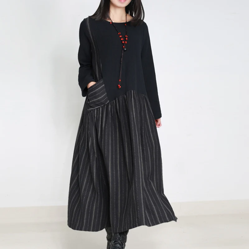 Весна и Осень Женщины Dress Cotton Linen Нерегулярные Полосы Лоскутное Свободно Плюс
