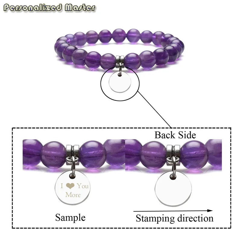 Персонализированные мастер гравировка очарование камень Упругие Стретч браслет Круглый диск персонализированные текст, выгравированный подарок