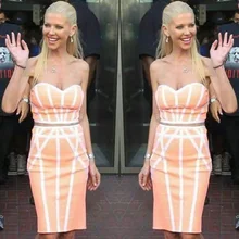 High Quality HL 2 Pieces Set Orange and Pink Rayon Bandage Dress Celebrity Party Bodycon Dress