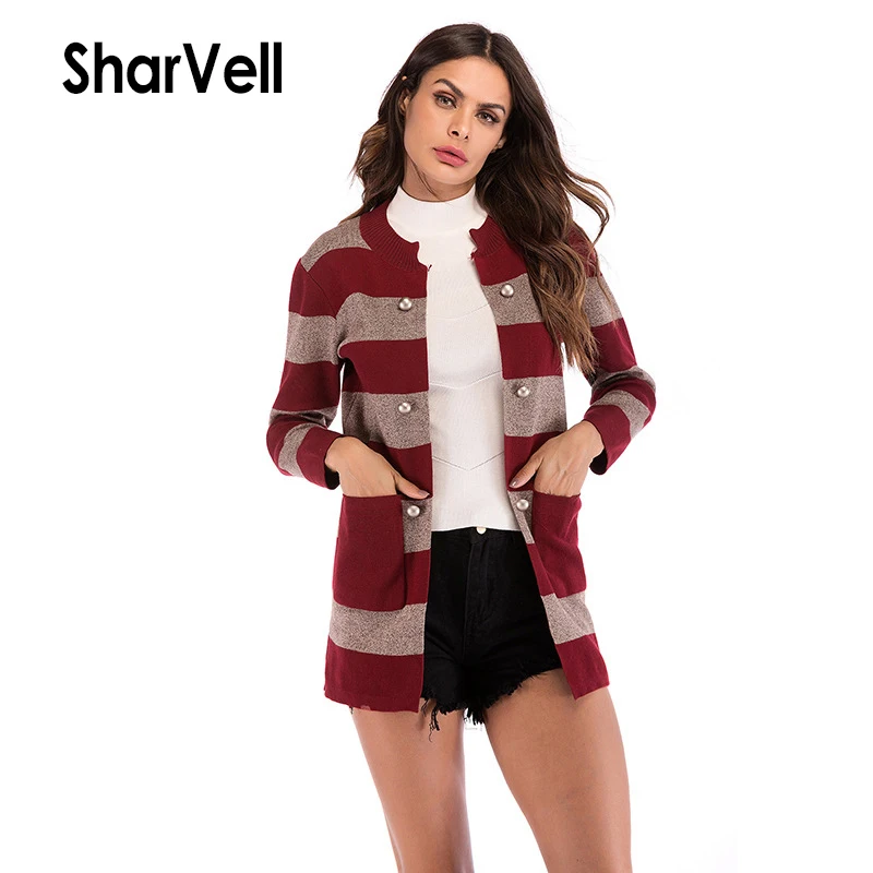 SharVell Women Sweater Single Breasted Pearl Button Cardigans Spring Striped Print Long Length Casual Outwear |