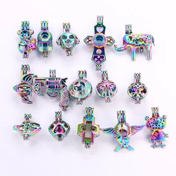 

10pcs a package Rainbow color black Fashion Jewelry Making Pearl Cage Locket Pendant Essential Oil Diffuser Fun jewelry
