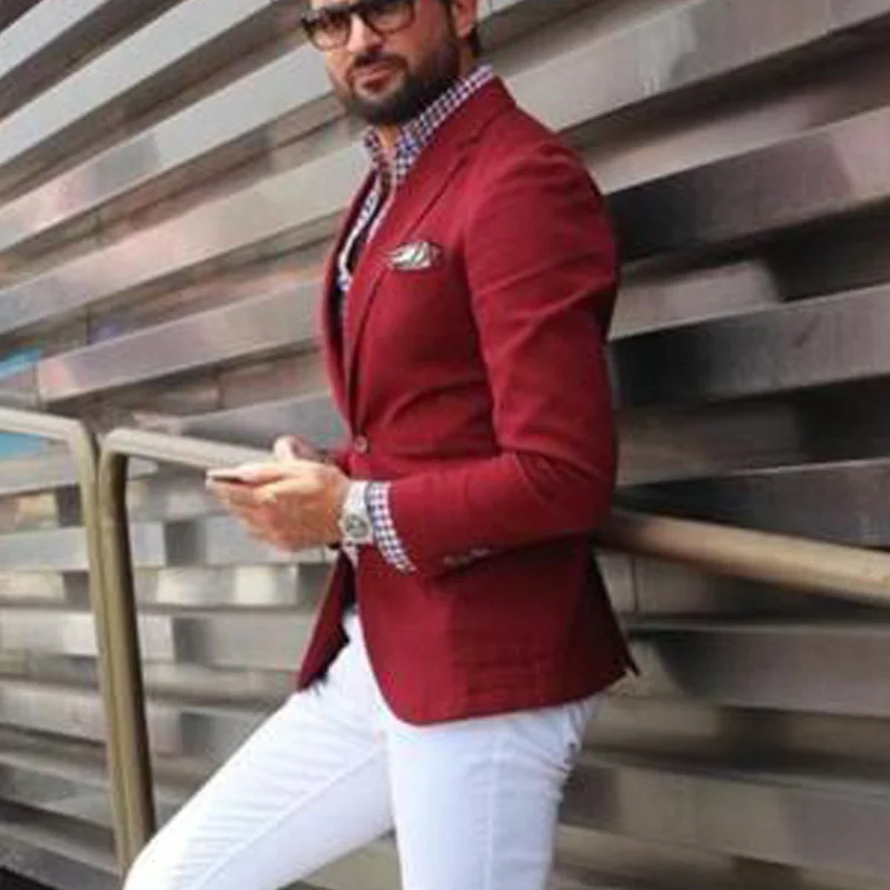 

Men Tops Blazer for Evening Prom Party Notched Lapel Singer Single Slim Fit Red Men Suit Jacket
