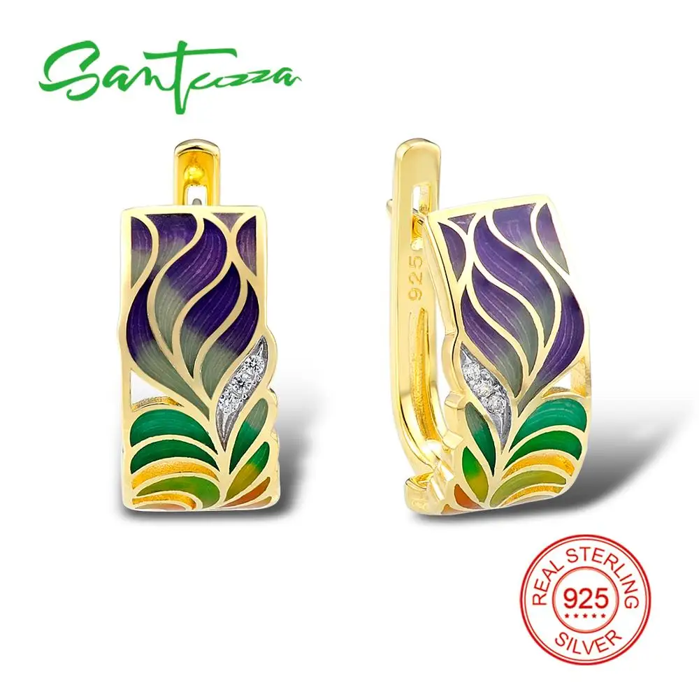 SANTUZZA, серебряные серьги для женщин, 925 пробы, серебряные серьги-гвоздики, золотой цвет, кубический цирконий, ювелирные изделия, эмаль, ручная работа