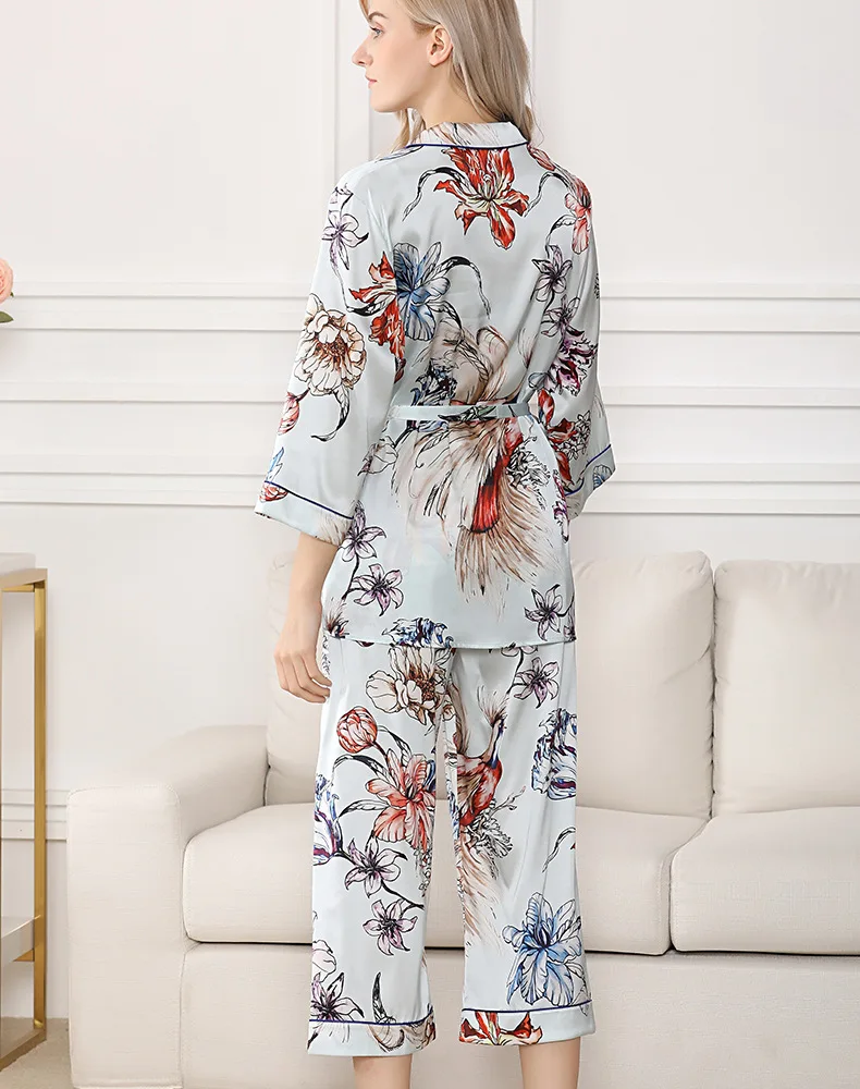 100% Шелковая окрашенная Пижама, комплект для женщин, лето 2019, комплекты для сна с цветочным принтом, Ночная одежда, домашняя одежда, топы с
