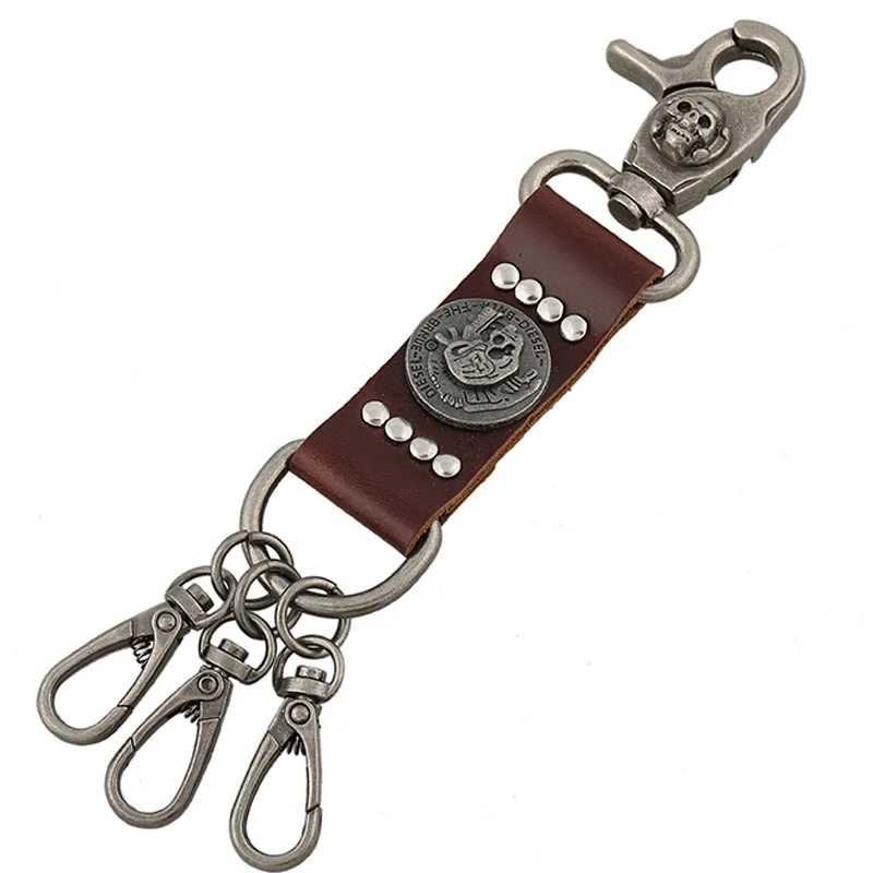 

Punk Genuine Leather Skeleton Keychain For Men Hand Made Cowhide Skull Key Ring Many buckles Car Key Chain Waist Ornament 6C1371