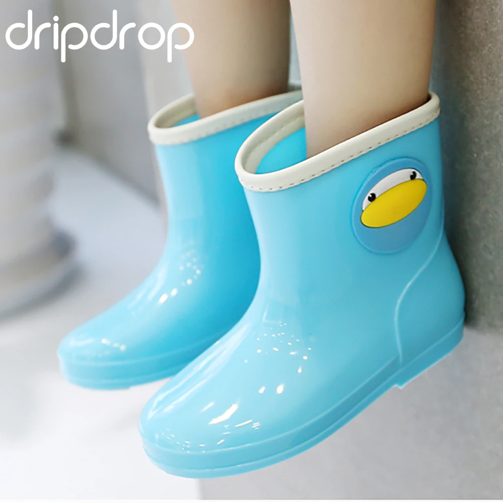 

DRIPDROP Kids Rain Boots Girls Boys Rubber Waterproof Boots Non-Slip Cartoon Mid Calf Infant Shoes Blue Penguin