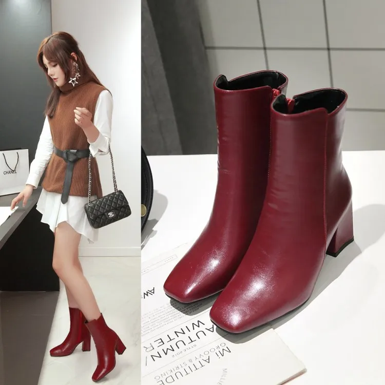 Women Side Zipper Martin Boots Comfortable Mid Heel Ankle Boots Fashion Warm Winter Shoes Black Red White Women Boots H410