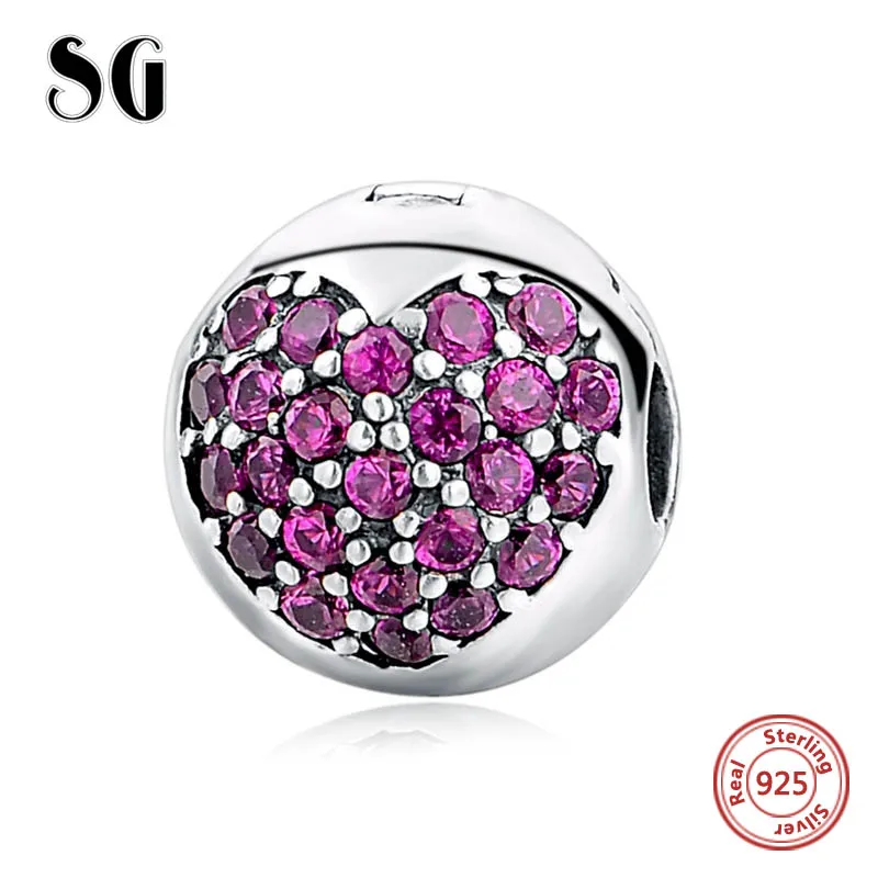

silver 925 Sterling Original Elegance Clip Fancy Purple and Pink Clear CZ hearts Beads Fit European summer 2017 Charm Bracelets