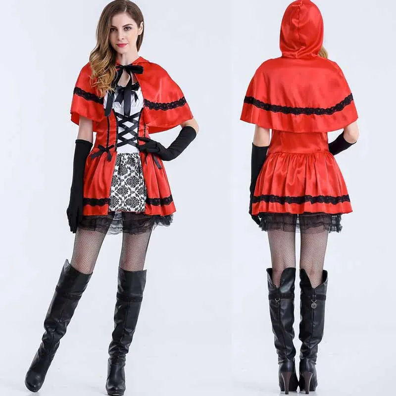 

New Fashion Cosplay Costume Little Red Riding Hood Sexy Dress Adults Carnaval Purim Costume Women Halloween Fancy Dress+shawl