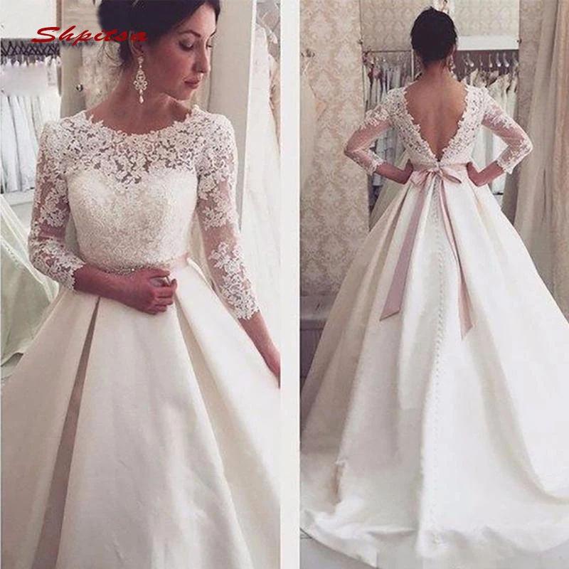 

Long Sleeve Lace Wedding Dresses Turkey Satin Sequin Plus Size Bride Bridal Weding Weeding Dresses Wedding Gowns 2019