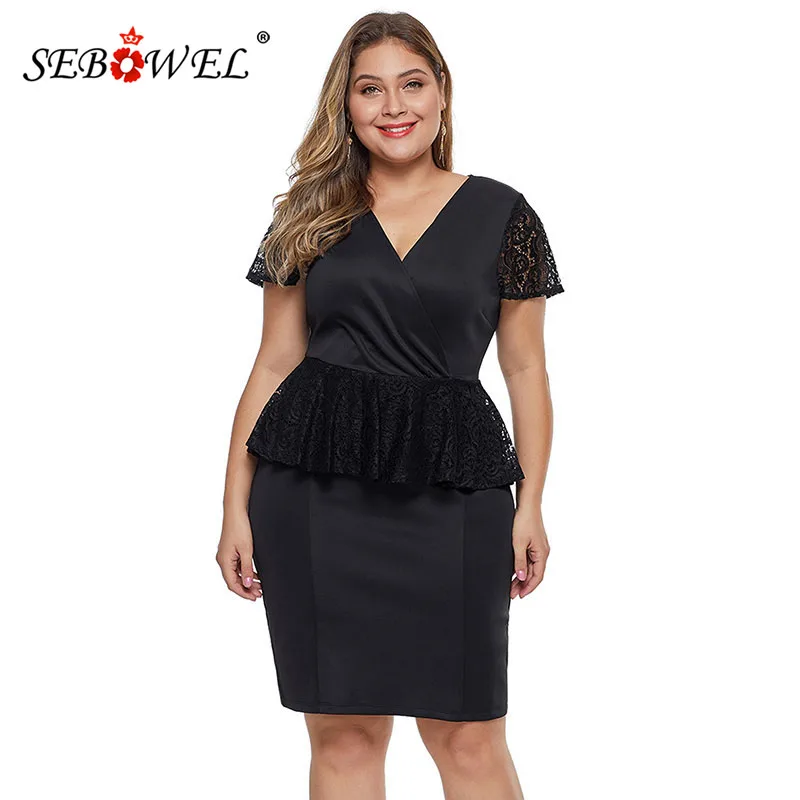 

SEBOWEL Plus Size Black/Red Lace Peplum Dresses for Woman Summer Elegant Short Sleeve Ruffles Knee-length Party Large Size Dress