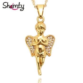 

Shamty Trendy Angel Hands Merger Pray Pure Gold Color Pendant Necklaces Jewelry Zircon Crystal Fashion Design Top quality