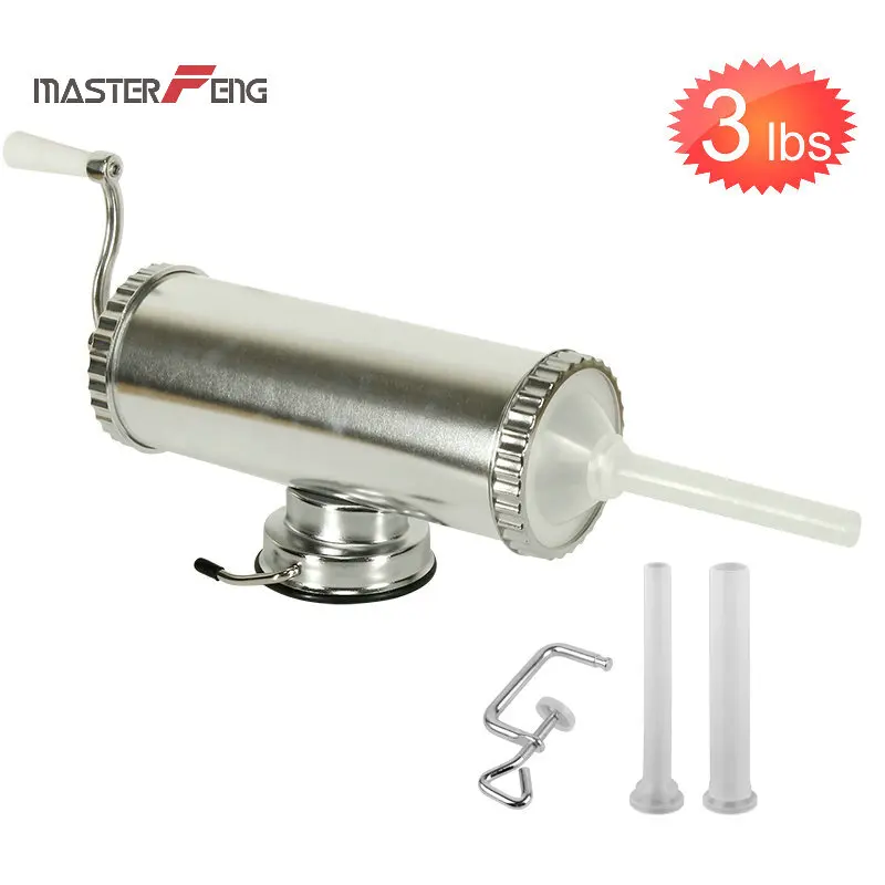 

3 lbs manual sausage meat stuffer with suction cup base and 3 sausage filling nozzles sausage making