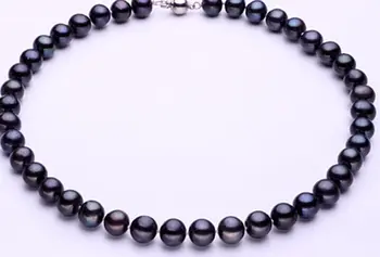 

free shipping stunning 10-11mm black green pearl necklace 18inch 925s
