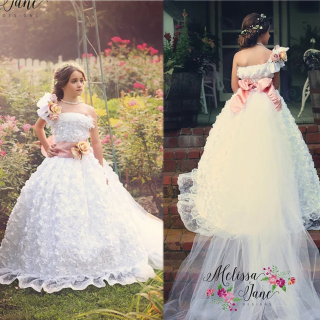 Cheap Ball Gown Little Flower Girls Dresses One Shoulder Tulle Bowknot Detachable Train Little Girls Party Dresses