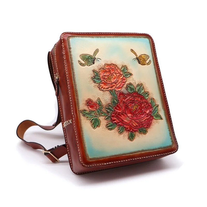 

Chinese Peony Flower Designer Genuine Leather Carved Lady Back Pack Hand Stitched Real Cow Skin Women's Small Travel Backpack
