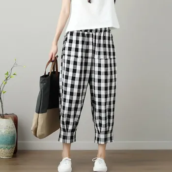 

Mferlier Mori Girl Summer Harem Pants Elastic Waist Big Plaid Loose Casual Cotton Linen Ankle Length Female Vintage Casual Pants