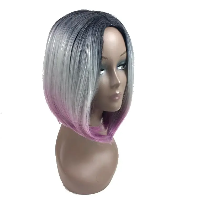 bob style ombre grey pink synthetic wigs01