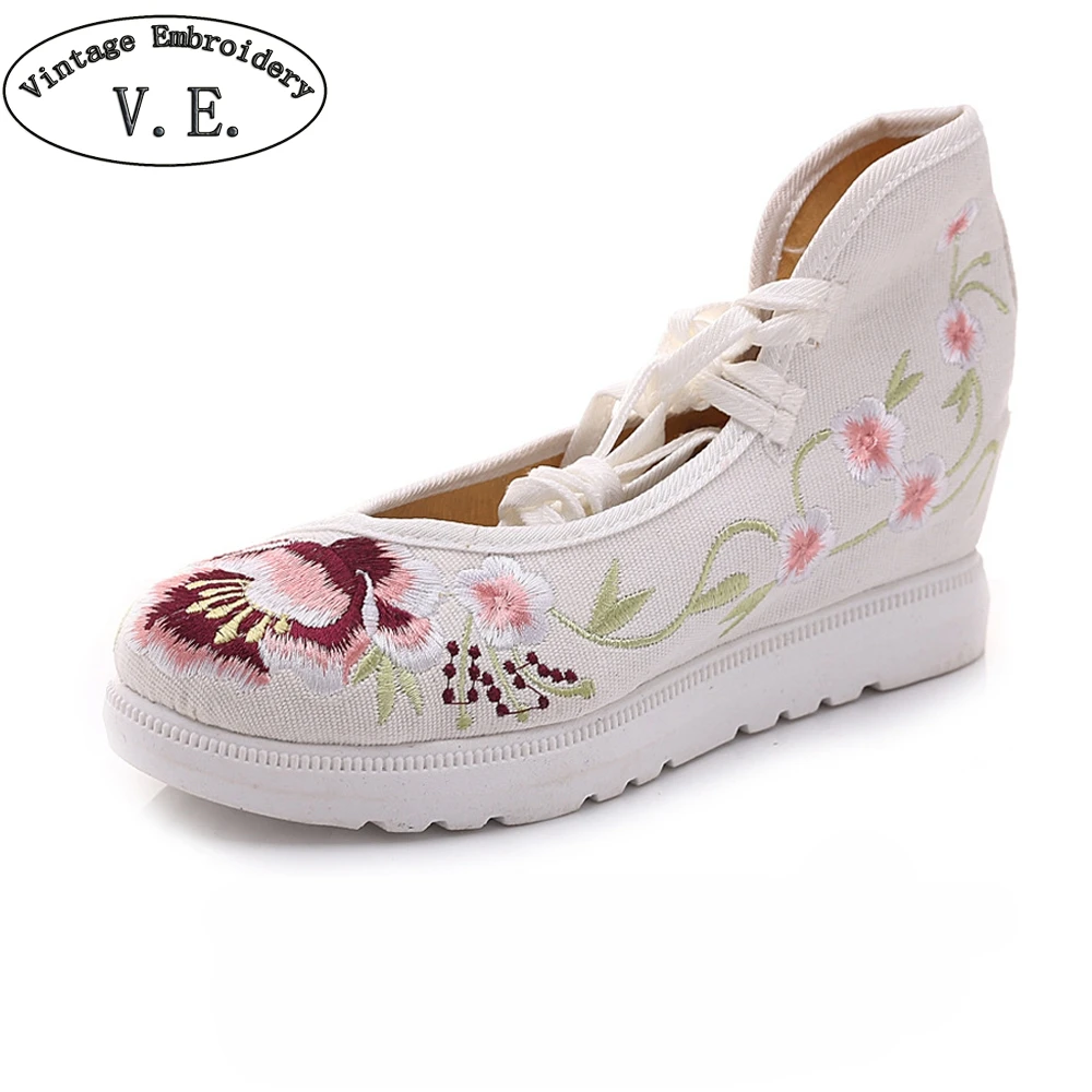 

Mixed Color Woman Pumps Chinese National Style Women Embroidery Shoes White Platforms Lace Up Canvas Mid Heel Shoes Zapatos