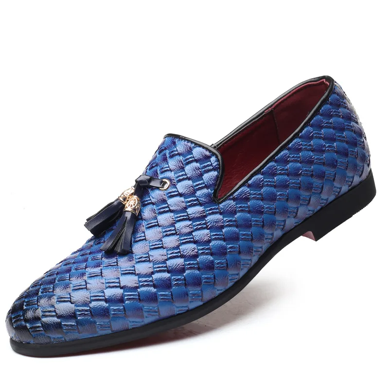 Размера плюс, мужская кожаная обувь, дышащая повседневная мужская плетеная обувь, Мужская Свадебная формальная обувь для вождения, дизайнерские модные лоферы - Цвет: Синий