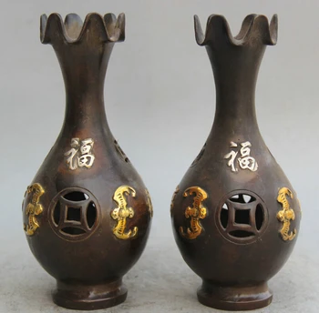 

song voge gem S1643 9" Marked Chinese dynasty Bronze Gild Silver Folk Fu bat flower Bottle Vase Pair