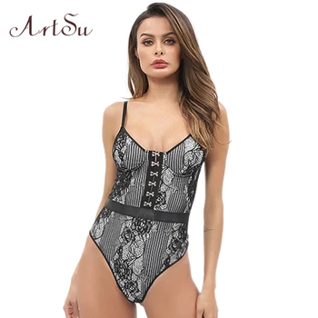

ArtSu Sexy Floral Lace Women Bodysuit Black Bodycon Female Catsuit Backless Strap Bodysuits Romper New Jumpsuit ASJU41225
