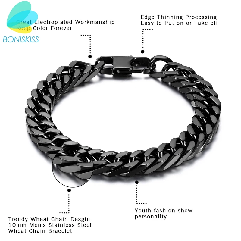 BONISKISS, новинка, классические черные браслеты из нержавеющей стали для мужчин, крутые хип-хоп браслеты-манжеты, ювелирные изделия, мужские Модные украшения