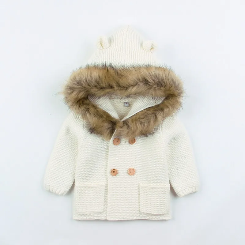 Свитер для новорожденных девочек, одежда г., зимний модный свитер с капюшоном и меховым воротником, куртка кардиган, одежда для маленьких девочек от 0 до 24 месяцев