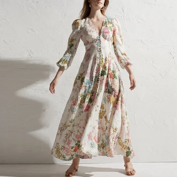 

Vestido Longo Limited 2019 New Women's Dress Print Floral High-end Temperament Single-breasted V-neck Sexy Printed Long Woman