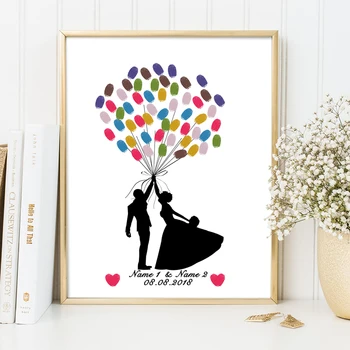 

Bride And Groom Held Balloons,Free Custom Name Date Canvas Painting Wedding Souvenirs,Figerprint Signature Guestbook For Wedding